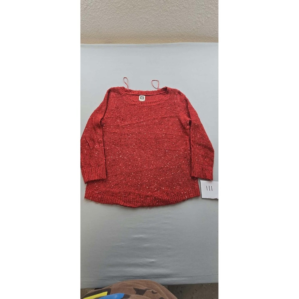 Anne Klein Womens Red Sparkle Sequin Knit Sweater Boat Neck Pullover Size M